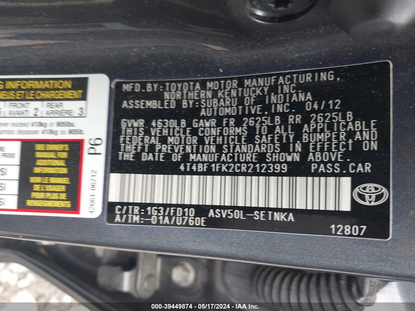 2012 Toyota Camry Le VIN: 4T4BF1FK2CR212399 Lot: 39449874