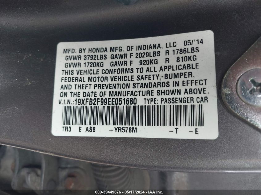 2014 Honda Civic Ex-L VIN: 19XFB2F99EE051680 Lot: 39449876