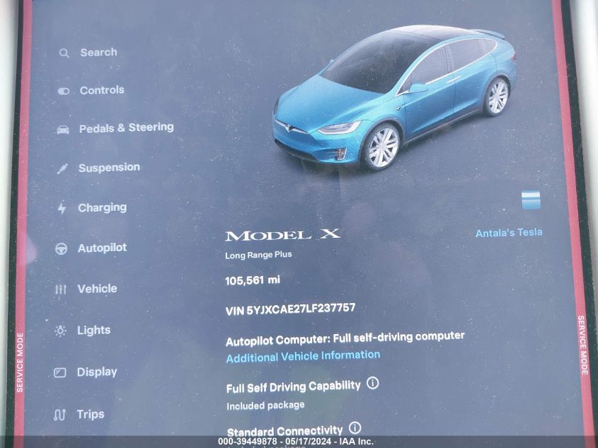 2020 Tesla Model X Long Range Dual Motor All-Wheel Drive/Long Range Plus Dual Motor All-Wheel Drive VIN: 5YJXCAE27LF237757 Lot: 39449878