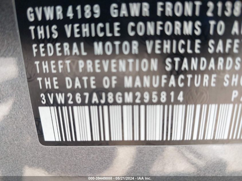 2016 Volkswagen Jetta 1.4T S VIN: 3VW267AJ8GM295814 Lot: 39449888