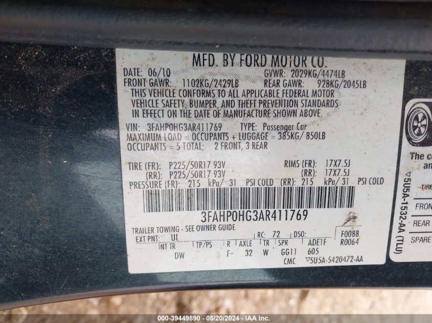 2010 Ford Fusion Se VIN: 3FAHP0HG3AR411769 Lot: 39449890