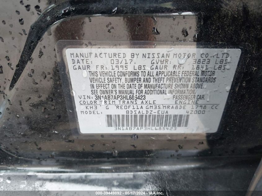 2017 Nissan Sentra Sv VIN: 3N1AB7AP3HL685423 Lot: 39449892
