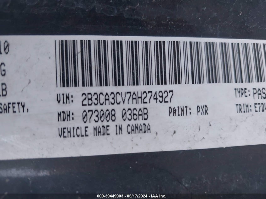 2010 Dodge Charger Sxt VIN: 2B3CA3CV7AH274927 Lot: 39449903