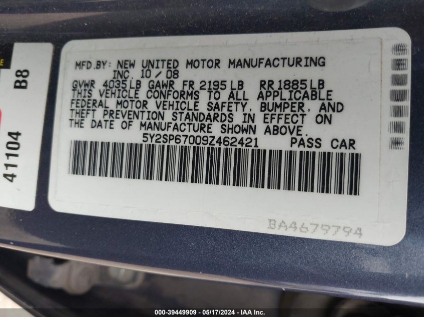 2009 Pontiac Vibe VIN: 5Y2SP67009Z462421 Lot: 39449909