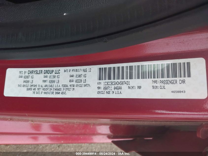 2013 Chrysler 200 Limited VIN: 1C3CCBCGXDN507431 Lot: 39449914