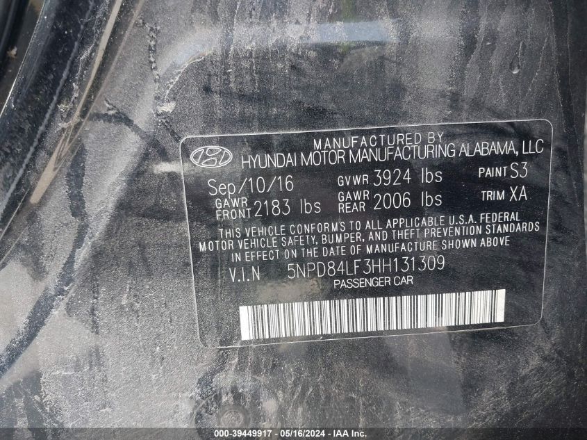 VIN 5NPD84LF3HH131309 2017 HYUNDAI ELANTRA SE