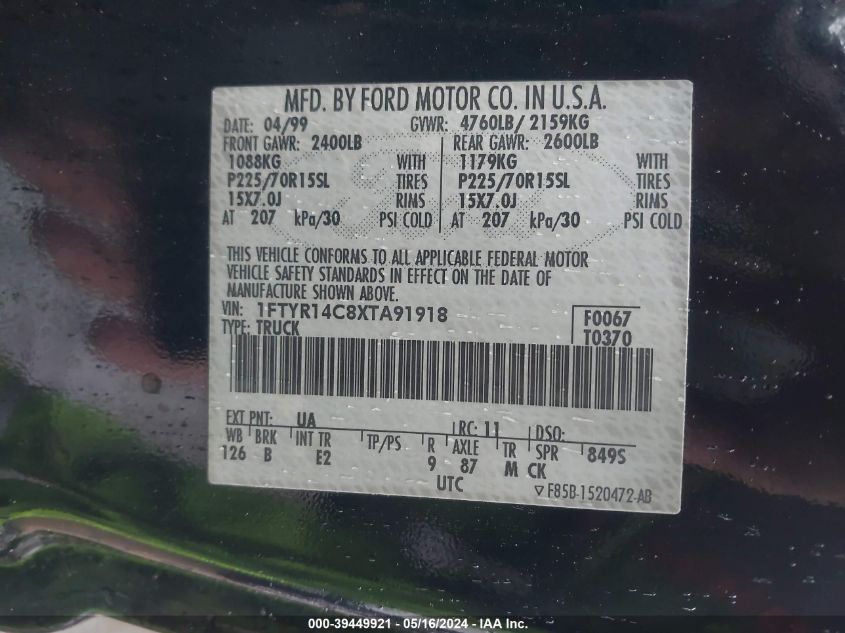 1999 Ford Ranger Xl/Xlt VIN: 1FTYR14C8XTA91918 Lot: 39449921