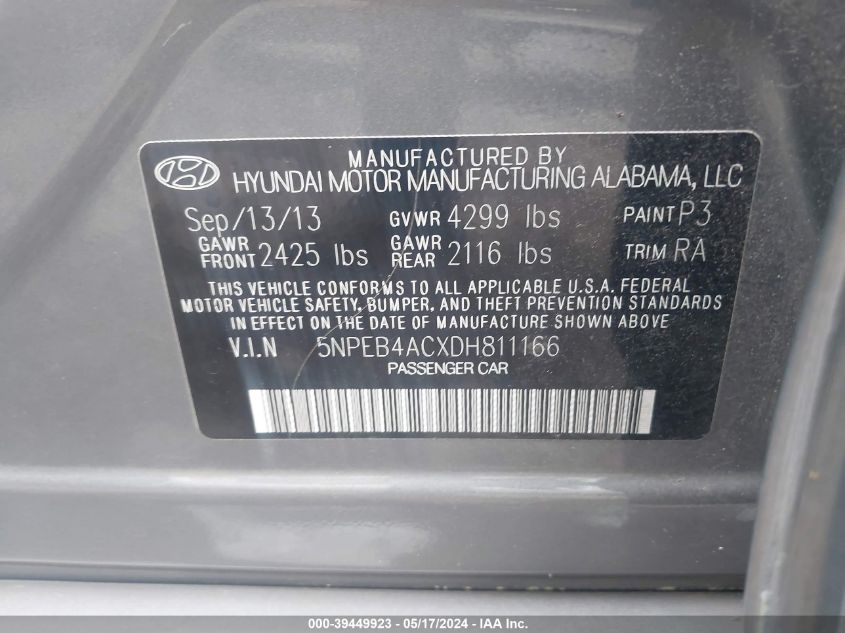 2013 Hyundai Sonata Gls VIN: 5NPEB4ACXDH811166 Lot: 39449923