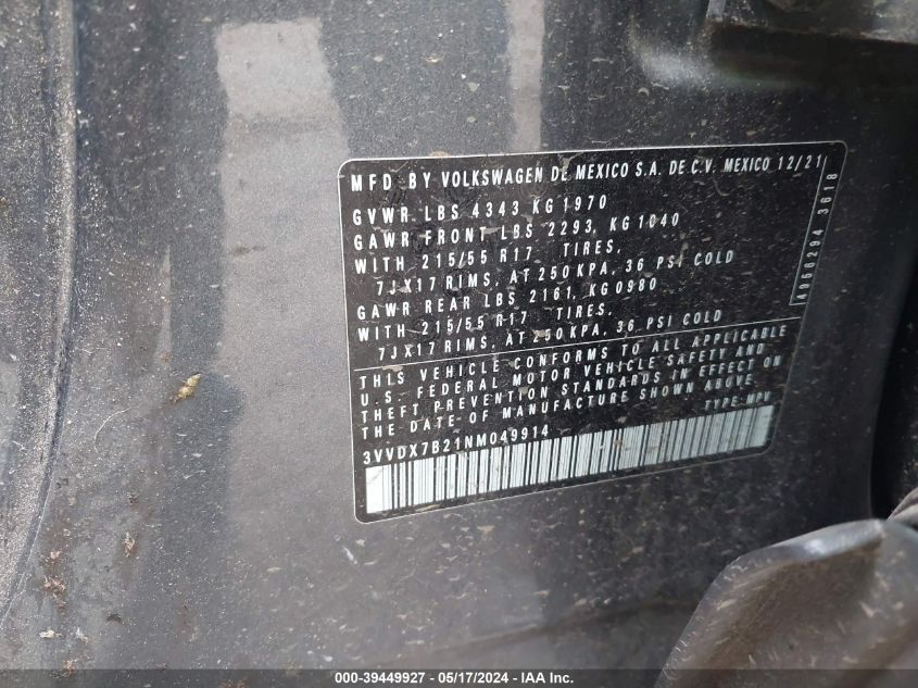2022 Volkswagen Taos 1.5T S VIN: 3VVDX7B21NM049914 Lot: 39449927