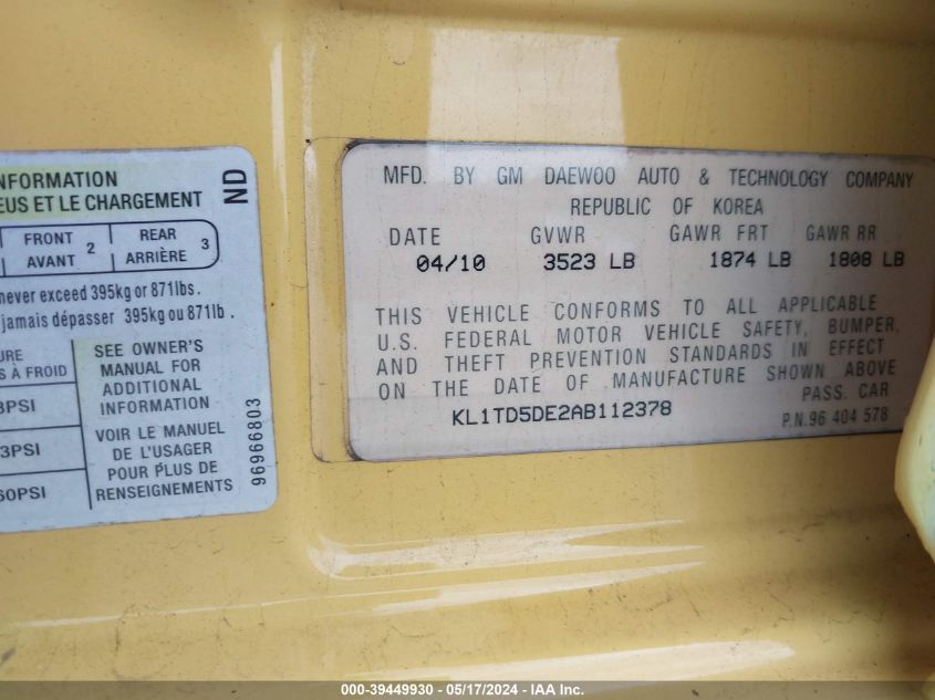 2010 Chevrolet Aveo Lt VIN: KL1TD5DE2AB112378 Lot: 39449930