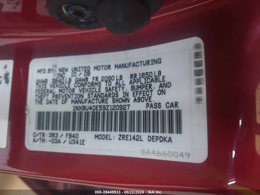 2009 Toyota Corolla Le VIN: 1NXBU40E59Z120927 Lot: 39449933