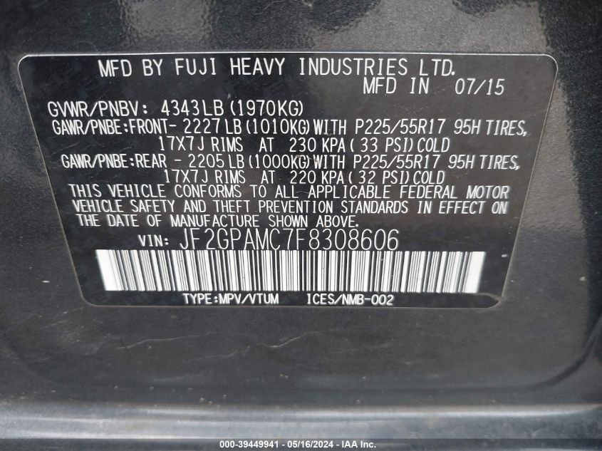 2015 Subaru Xv Crosstrek 2.0I Limited VIN: JF2GPAMC7F8308606 Lot: 39449941