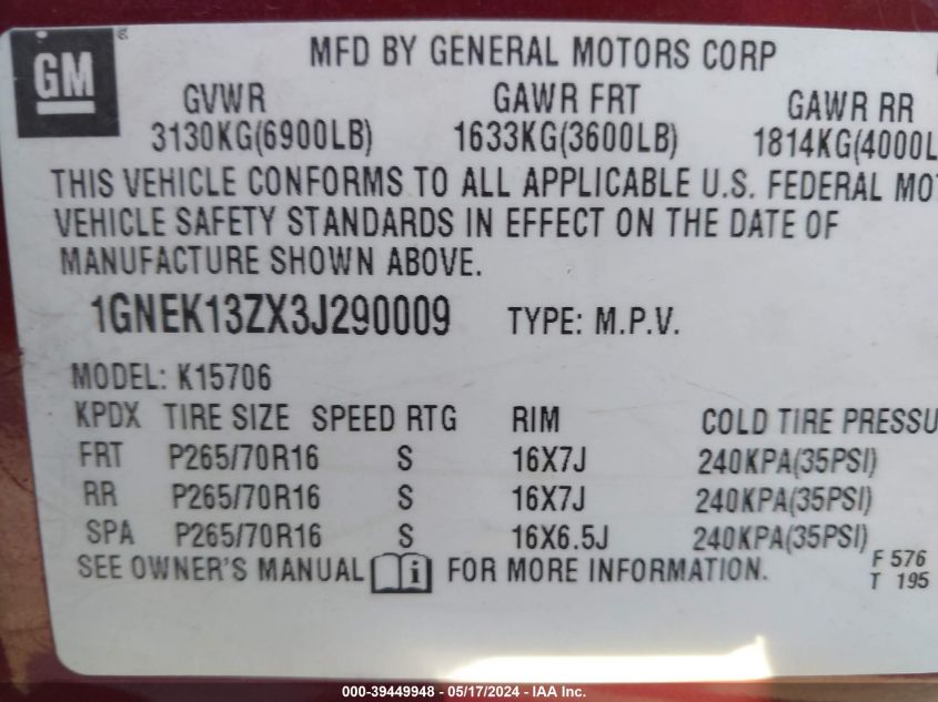 2003 Chevrolet Tahoe Lt VIN: 1GNEK13ZX3J290009 Lot: 39449948