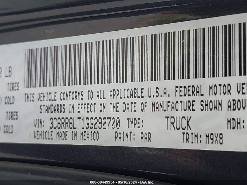 2016 Ram 1500 Big Horn VIN: 3C6RR6LT1GG292700 Lot: 39449954