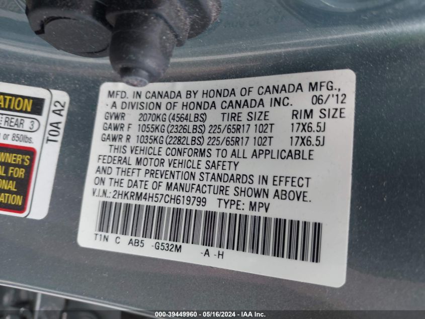 2012 Honda Cr-V Ex VIN: 2HKRM4H57CH619799 Lot: 39449960