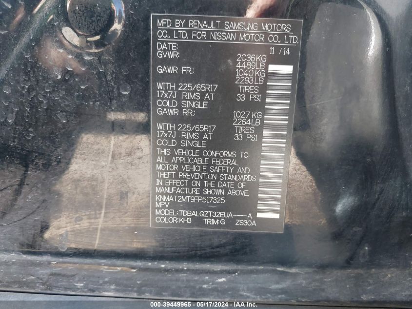 2015 Nissan Rogue Sv VIN: KNMAT2MT9FP517325 Lot: 39449965