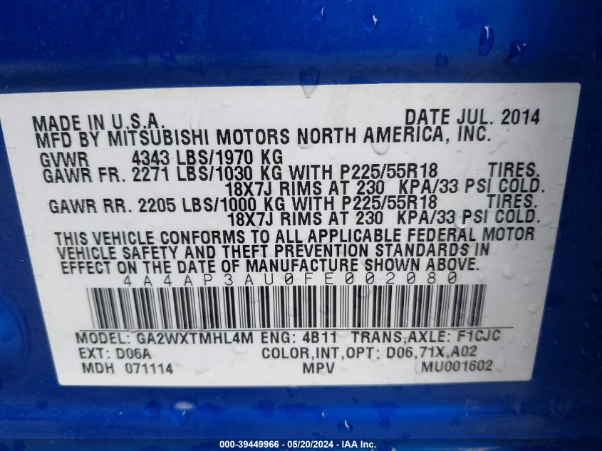 2015 Mitsubishi Outlander Sport Es VIN: 4A4AP3AU0FE002080 Lot: 39449966