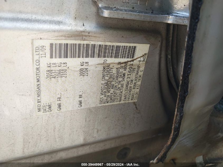 2010 Nissan Altima Hybrid VIN: 1N4CL2AP0AC116011 Lot: 39449967