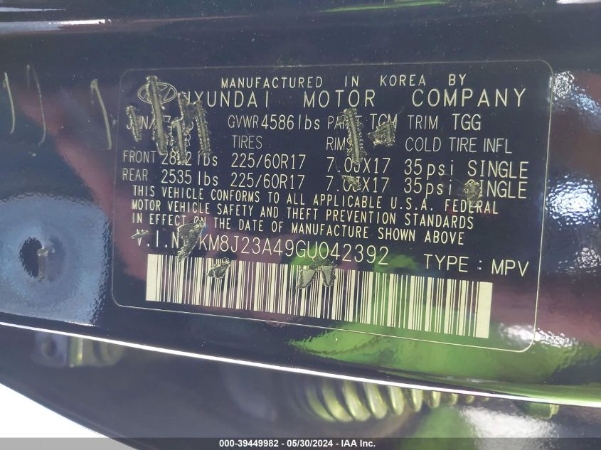 2016 Hyundai Tucson Se VIN: KM8J23A49GU042392 Lot: 39449982