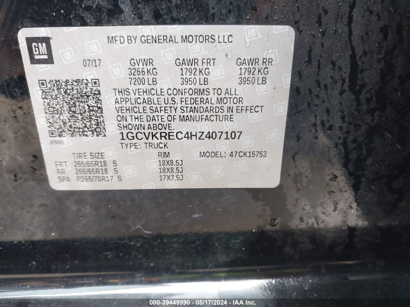 2017 Chevrolet Silverado 1500 2Lt VIN: 1GCVKREC4HZ407107 Lot: 39449990