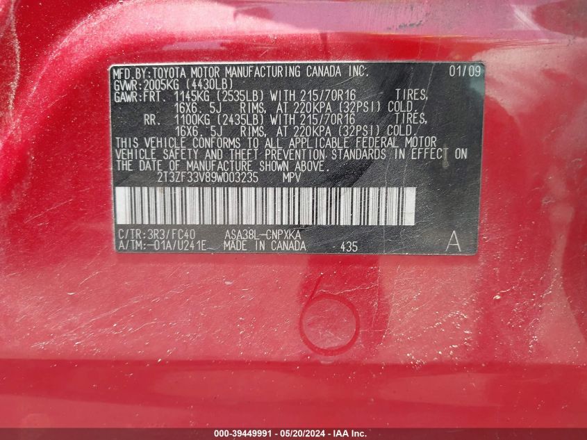 2009 Toyota Rav4 VIN: 2T3ZF33V89W003235 Lot: 39449991