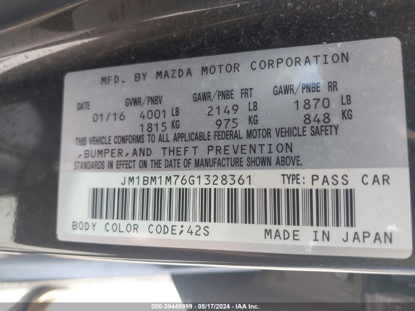 2016 Mazda Mazda3 I Touring VIN: JM1BM1M76G1328361 Lot: 39449999