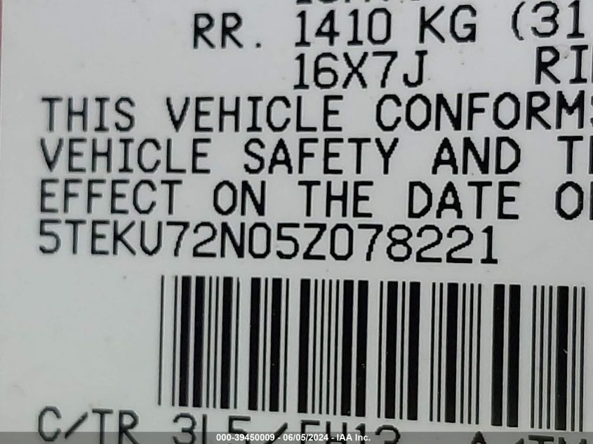 2005 Toyota Tacoma Prerunner V6 VIN: 5TEKU72N05Z078221 Lot: 39450009