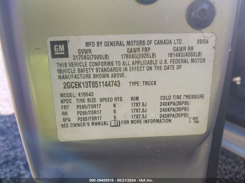 2005 Chevrolet Silverado 1500 Z71 VIN: 2GCEK13T851144743 Lot: 39450018