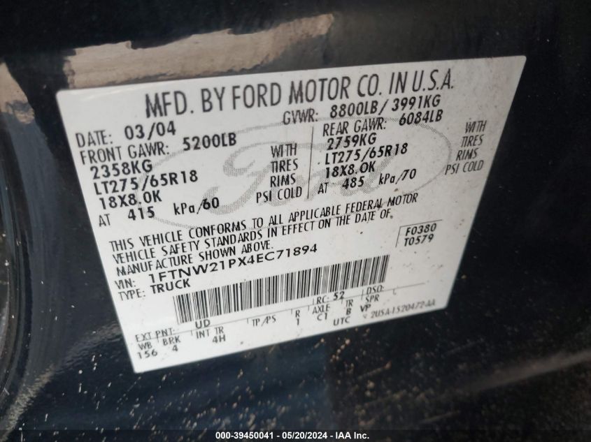 2004 Ford F-250 Lariat/Xl/Xlt VIN: 1FTNW21PX4EC71894 Lot: 39450041