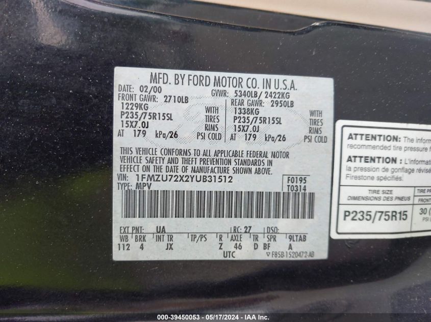 2000 Ford Explorer Xls VIN: 1FMZU72X3YUV1512 Lot: 39450053