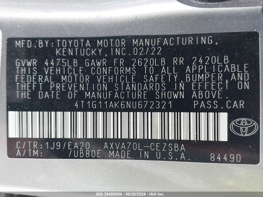 2022 Toyota Camry Se VIN: 4T1G11AK6NU672321 Lot: 39450054