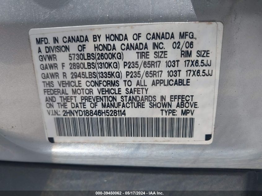 2006 Acura Mdx VIN: 2HNYD18846H528114 Lot: 39450062