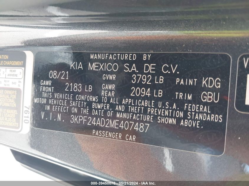 2021 Kia Forte Lxs VIN: 3KPF24AD2ME407487 Lot: 39450078