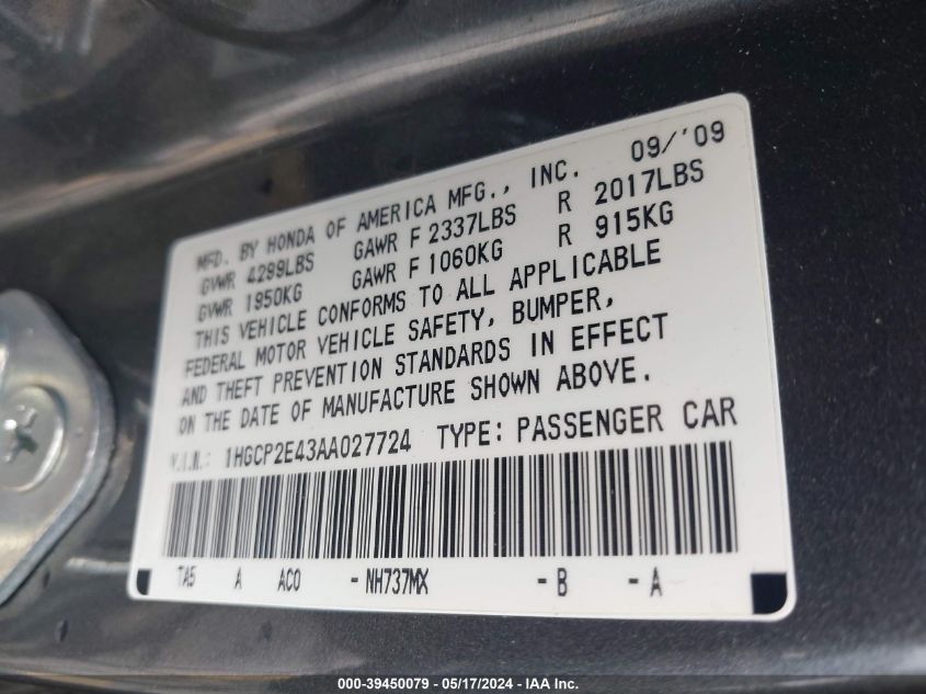 2010 Honda Accord 2.4 Lx-P VIN: 1HGCP2E43AA027724 Lot: 39450079
