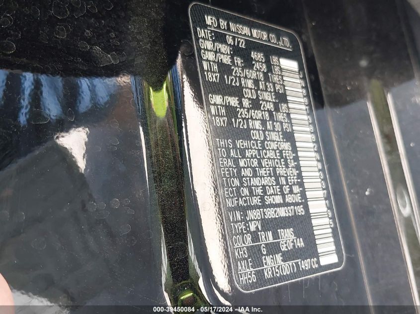2022 Nissan Rogue Sv Intelligent Awd VIN: JN8BT3BB2NW337195 Lot: 39450084