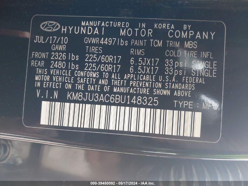 2011 Hyundai Tucson Gls/Limited VIN: KM8JU3AC6BU148325 Lot: 39450092