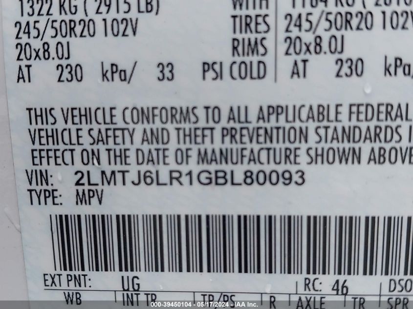 2016 Lincoln Mkx Reserve VIN: 2LMTJ6LR1GBL80093 Lot: 39450104