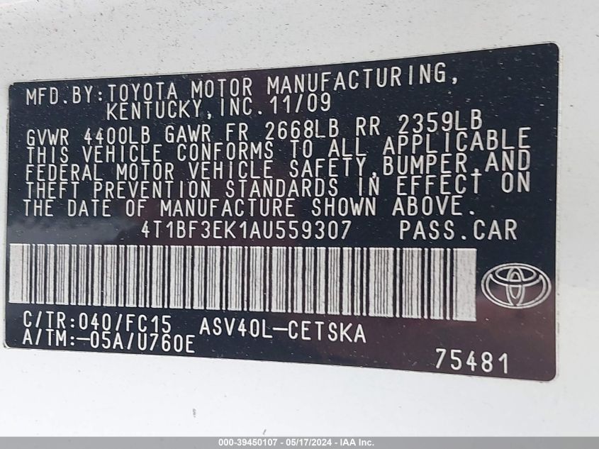 2010 Toyota Camry Se VIN: 4T1BF3EK1AU559307 Lot: 39450107