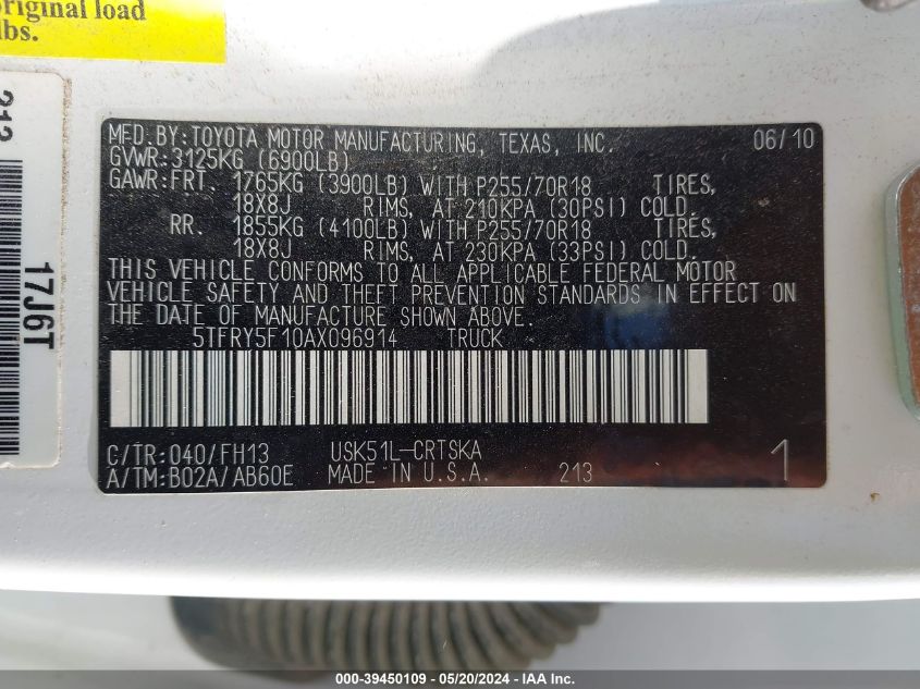 2010 Toyota Tundra Grade 5.7L V8 VIN: 5TFRY5F10AX096914 Lot: 39450109