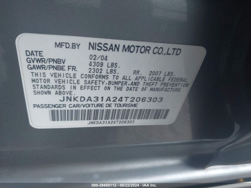 2004 Infiniti I35 Luxury VIN: JNKDA31A24T206303 Lot: 39450112