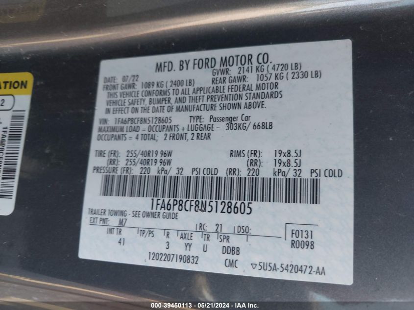 2022 Ford Mustang Gt Premium Fastback VIN: 1FA6P8CF8N5128605 Lot: 39450113