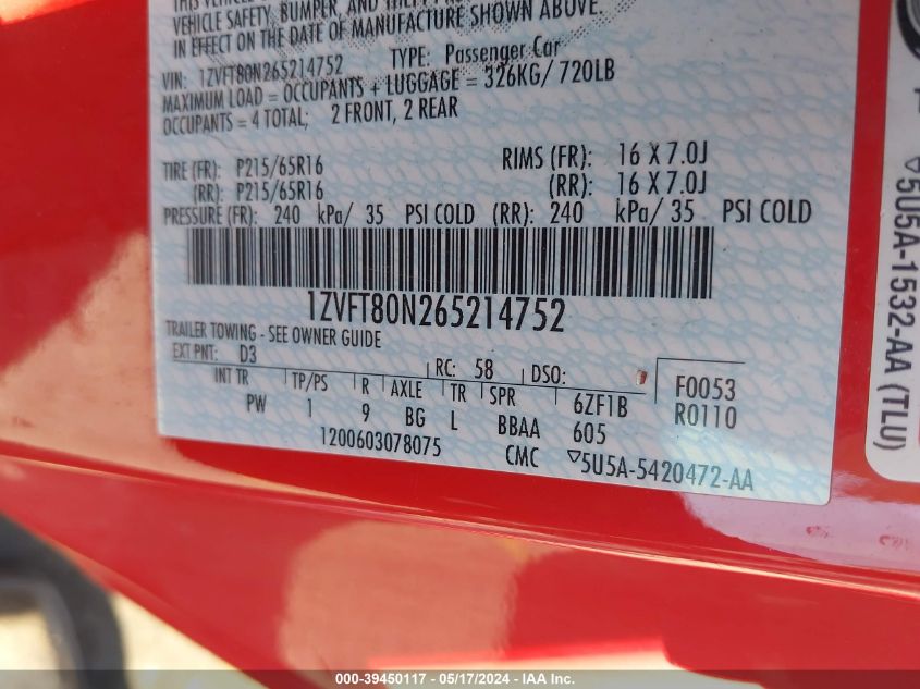 2006 Ford Mustang V6 VIN: 1ZVFT80N265214752 Lot: 39450117