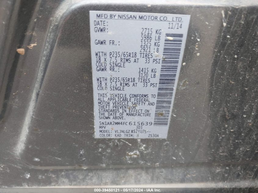 2015 Nissan Pathfinder Sl VIN: 5N1AR2MM4FC615639 Lot: 39450121