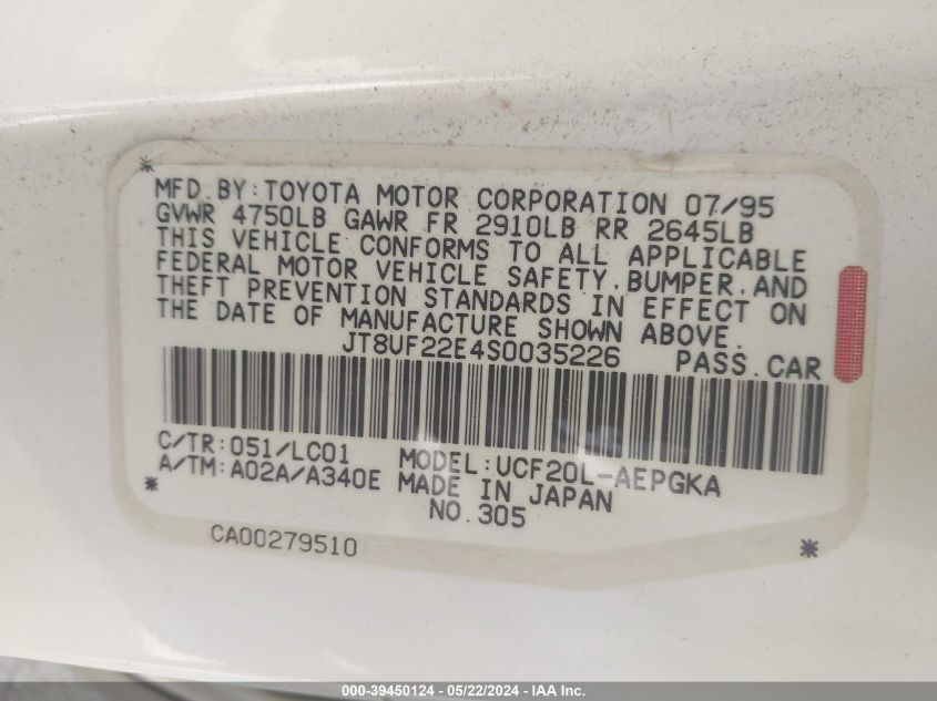 1995 Lexus Ls 400 VIN: JT8UF22E4S0035226 Lot: 39450124