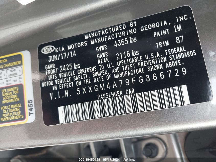 2015 Kia Optima Lx VIN: 5XXGM4A79FG366729 Lot: 39450129