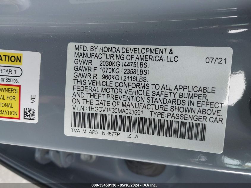 2021 Honda Accord Sport VIN: 1HGCV1F30MA093691 Lot: 39450130