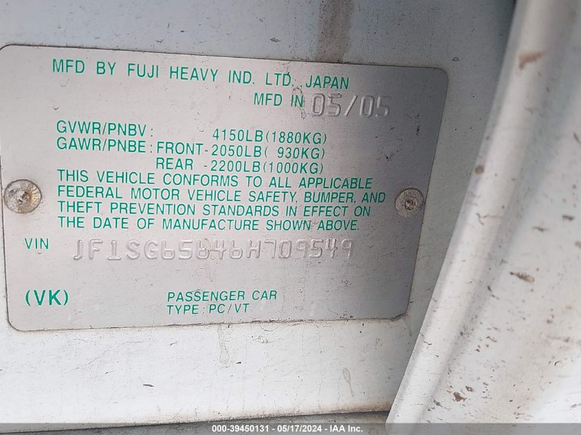 2006 Subaru Forester 2.5X VIN: JF1SG65646H709549 Lot: 39450131