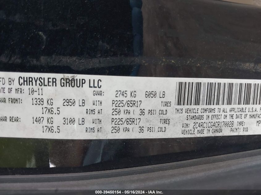 2012 Chrysler Town & Country Touring-L VIN: 2C4RC1CG4CR170028 Lot: 39450154