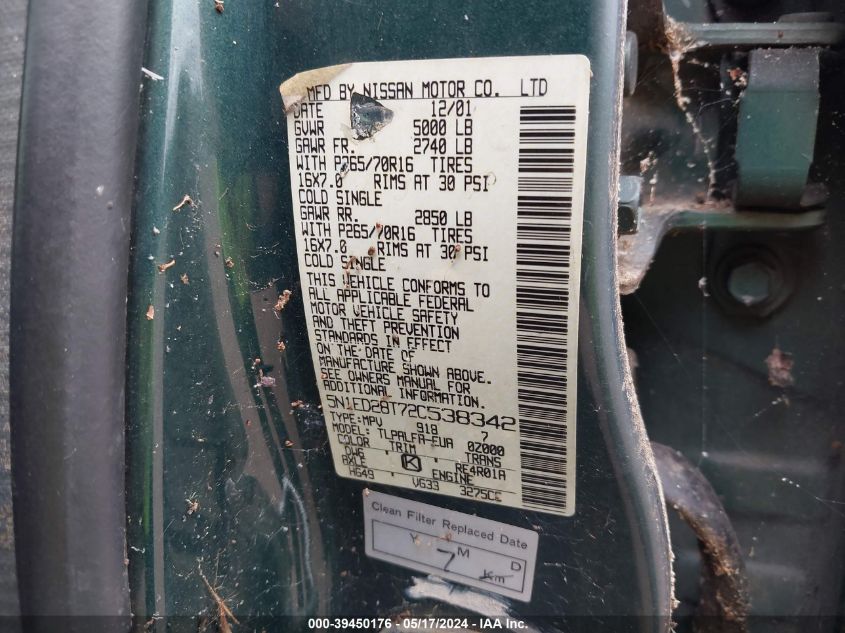 2002 Nissan Xterra Se VIN: 5N1ED28T72C538342 Lot: 39450176