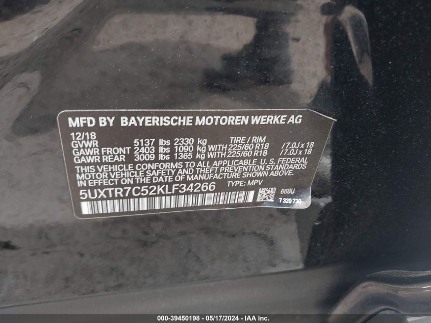 2019 BMW X3 Sdrive30I VIN: 5UXTR7C52KLF34266 Lot: 39450198
